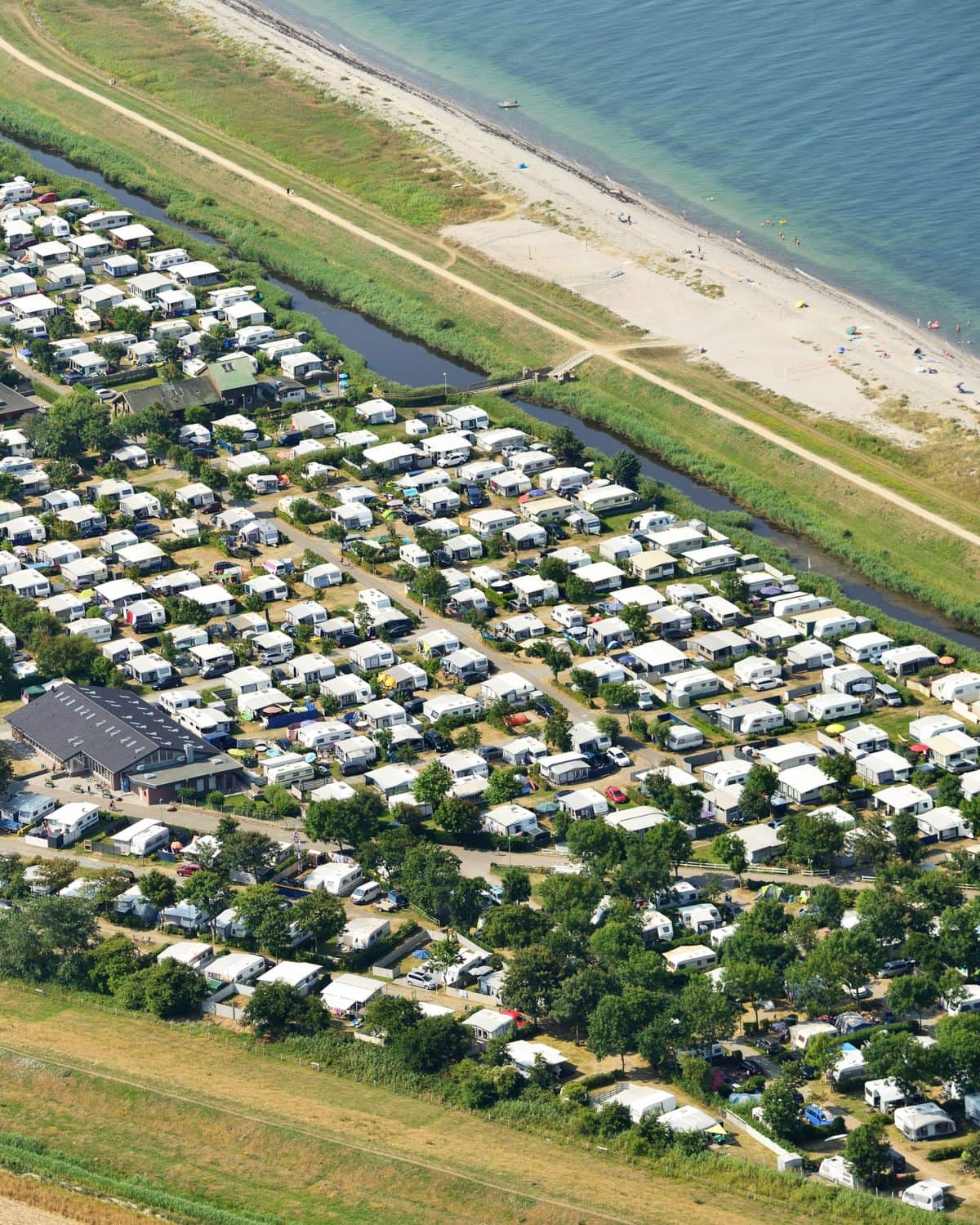 Luftbild eines großen Campingplatzes an der Ostsee: Wohnwagen und Zelte in Reihen, dahinter Deich, Sandstrand und Meer