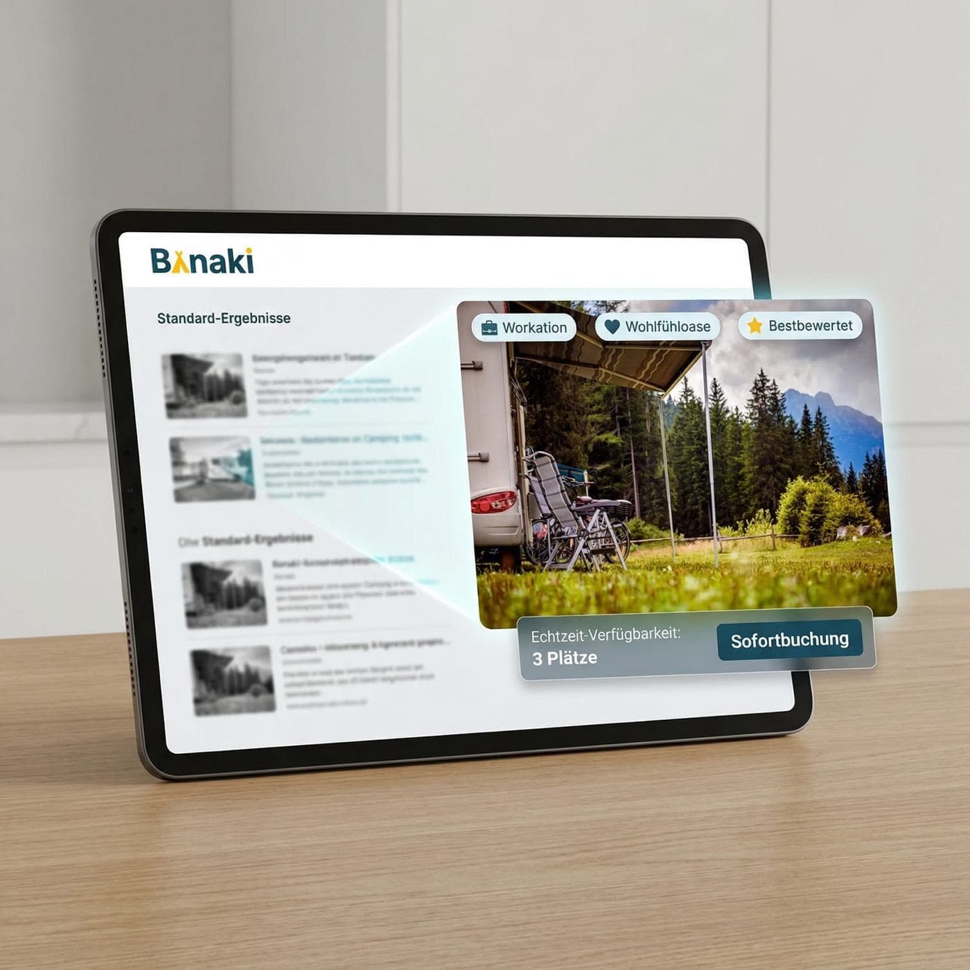 Ein hervorgehobener Platz auf einem Tablet: Foto mit den Themen Workation, Wohlfühloase und Bestbewertet, darunter die Echtzeit-Verfügbarkeit mit drei freien Plätzen und ein Knopf für die Sofortbuchung