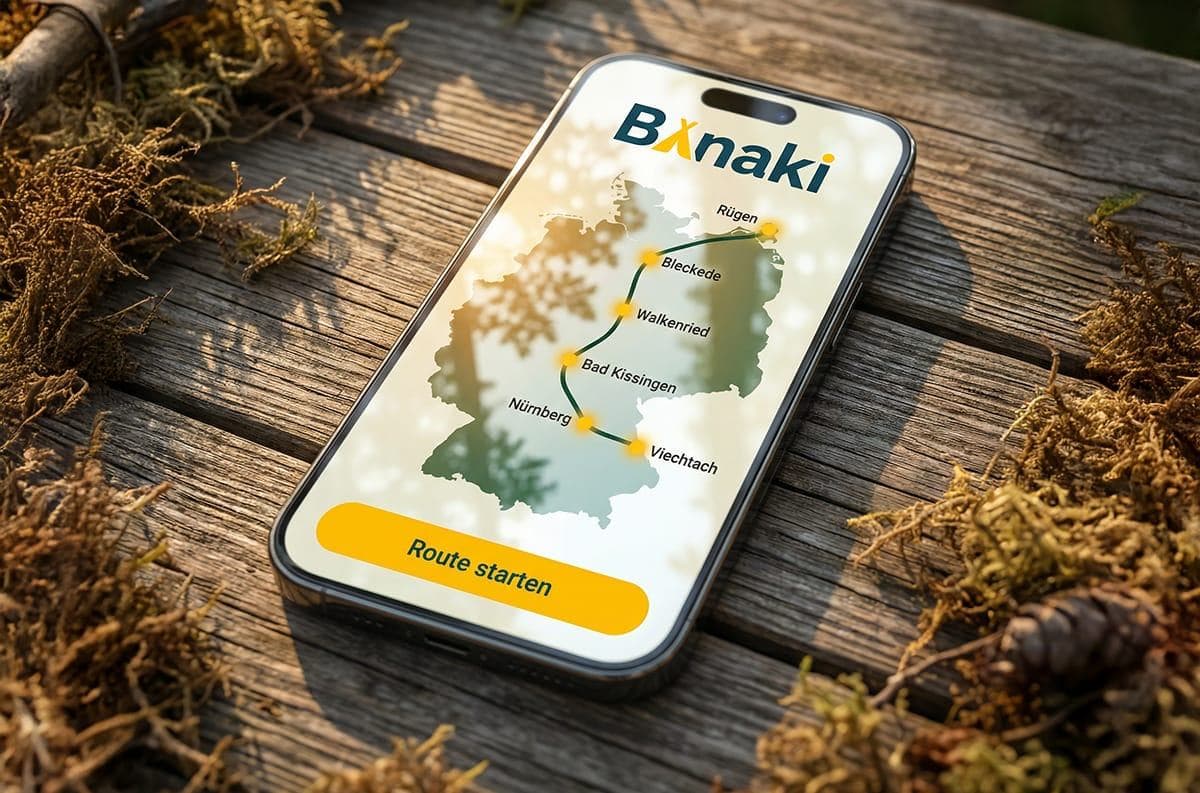 Der Banaki-Routenplaner auf einem Smartphone: eine Route quer durch Deutschland von Rügen bis Viechtach mit markierten Stationen
